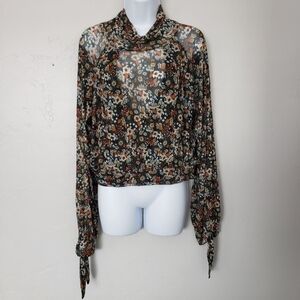 Free People Large Long Sleeve Blouse Mesh Keyhole Back Green Orange Floral Top